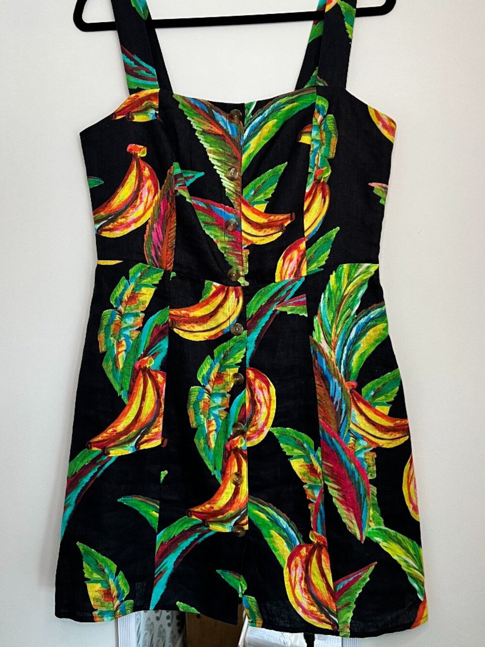 Farm Rio Preta Banana Linen Mini Dress | Tropical Button Front Dress | M